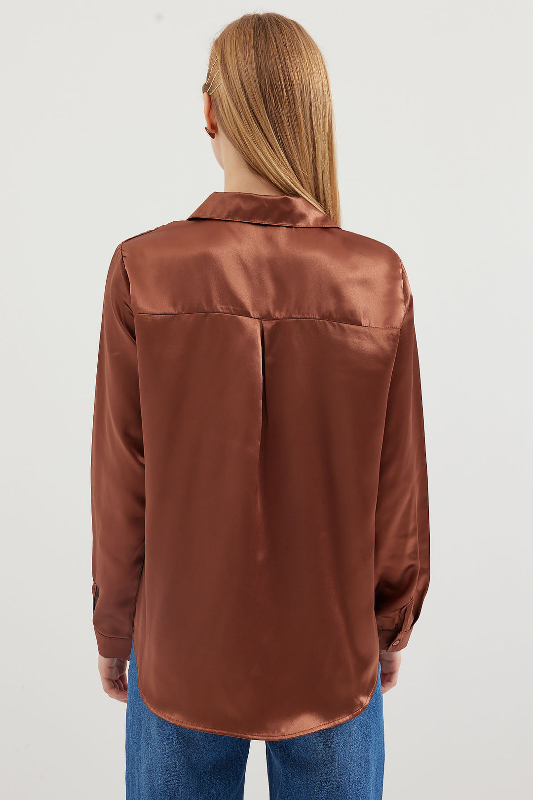 BGD Women Lightweight Draped Satin Shirt - Tan - Avondale