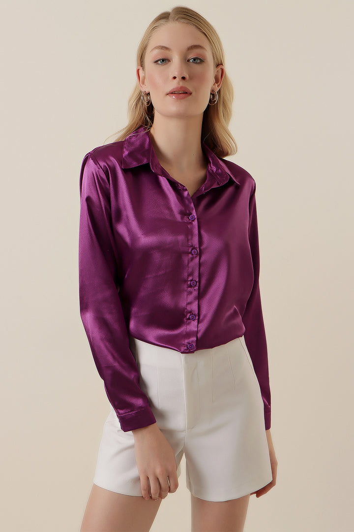 BGD Women Lightweight Draped Satin Shirt - Lilac - Avondale