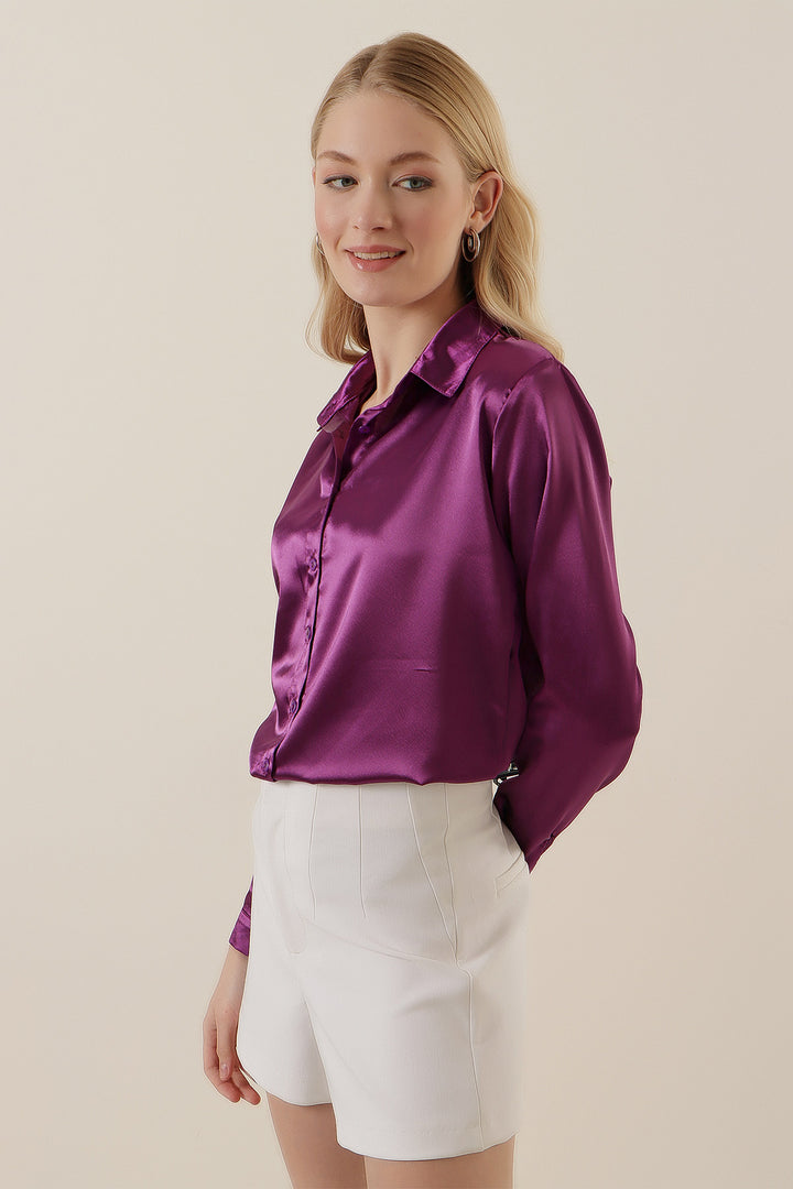 BGD Women Lightweight Draped Satin Shirt - Lilac - Avondale