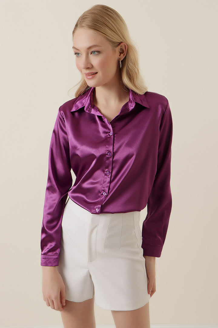 BGD Women Lightweight Draped Satin Shirt - Lilac - Avondale