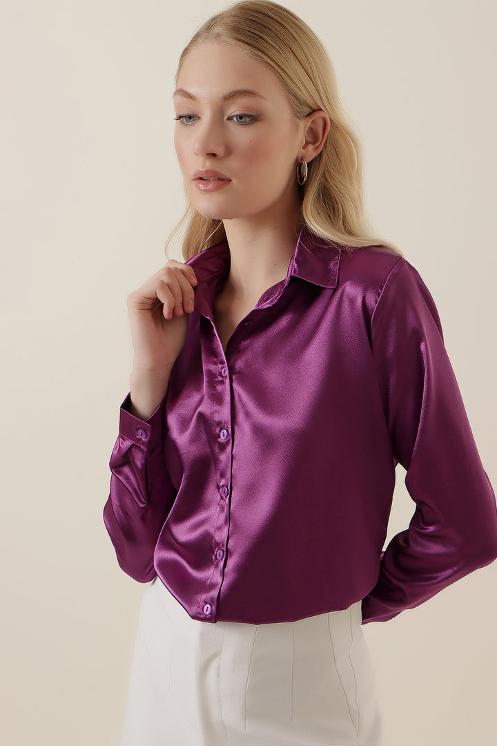 BGD Women Lightweight Draped Satin Shirt - Lilac - Avondale