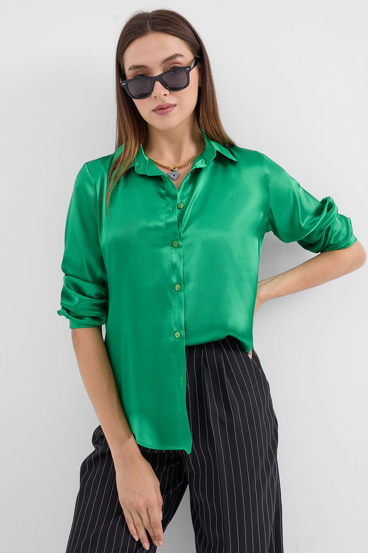 BGD Women Lightweight Draped Satin Shirt - Green - Avondale