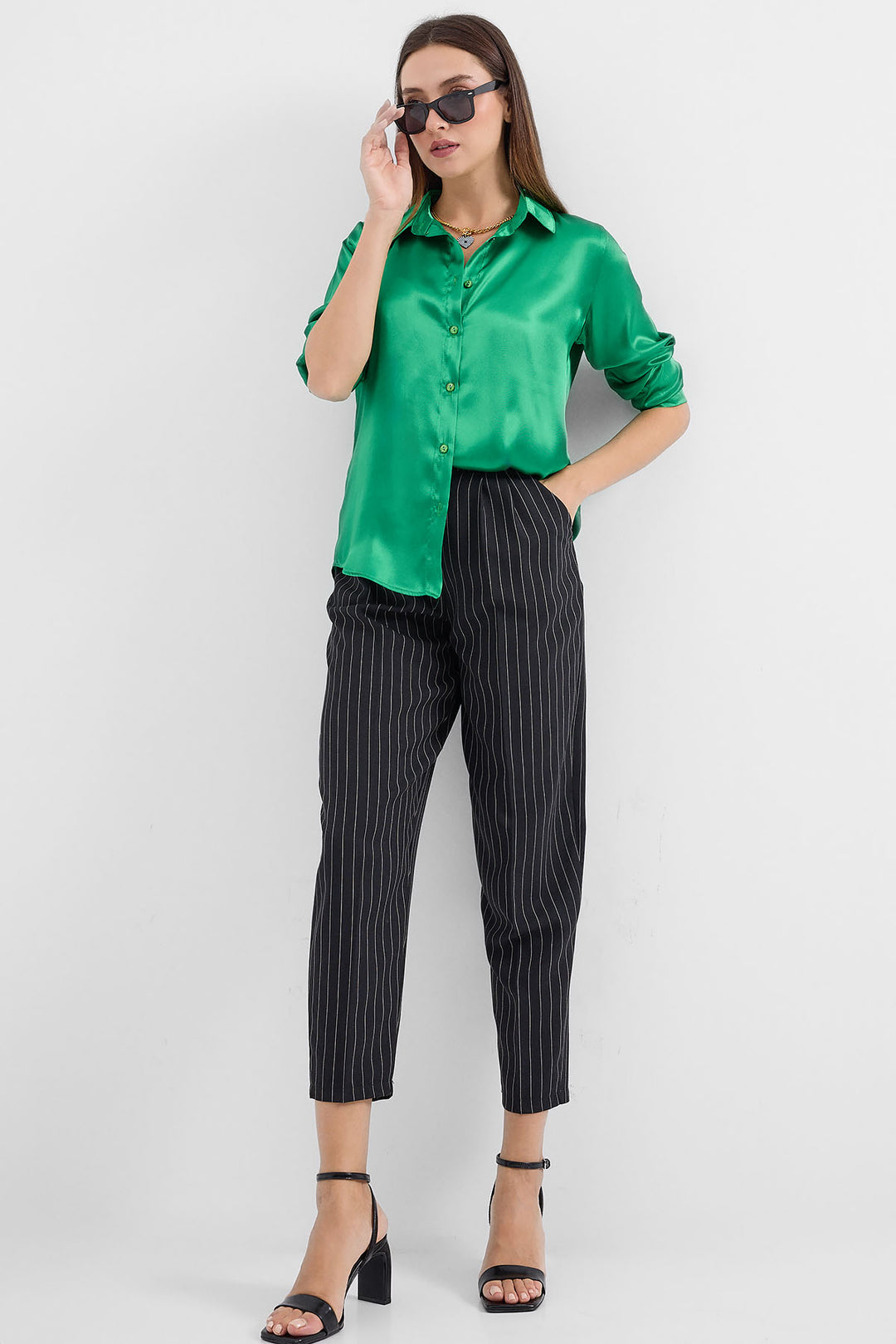 BGD Women Lightweight Draped Satin Shirt - Green - Avondale