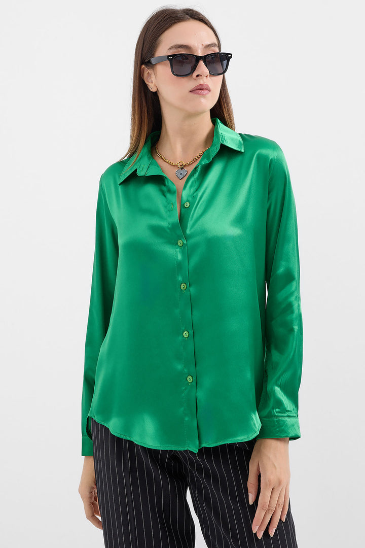BGD Women Lightweight Draped Satin Shirt - Green - Avondale