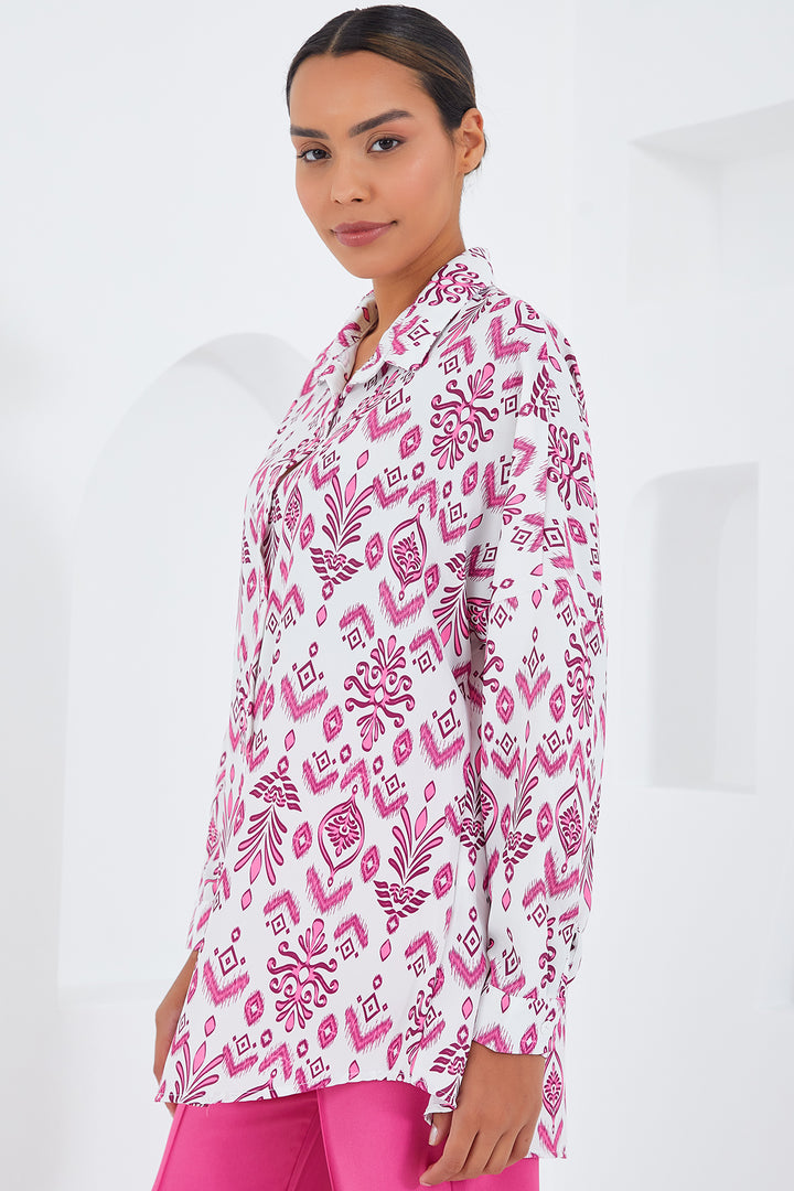 BGD Women Kadın Fuşya Beyaz Desenli Oversize Saten Gömlek 3985 - Kozáni