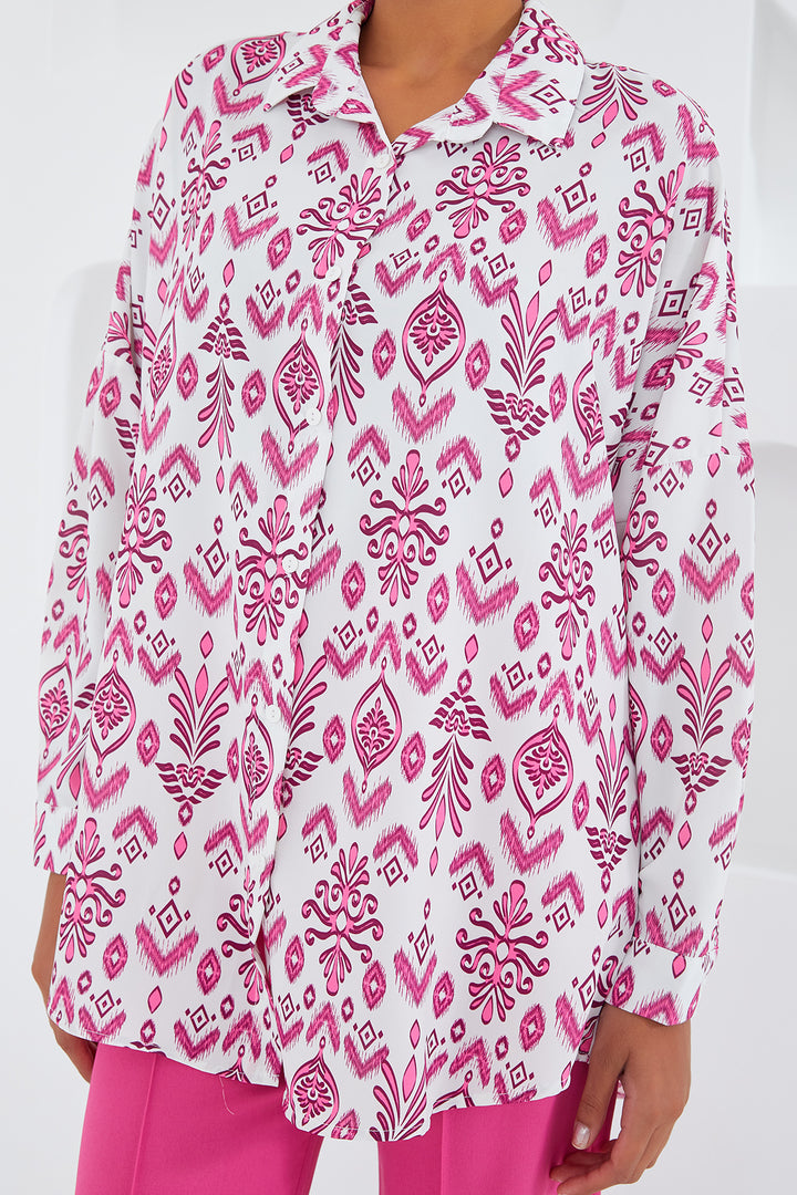 BGD Women Kadın Fuşya Beyaz Desenli Oversize Saten Gömlek 3985 - Kozáni