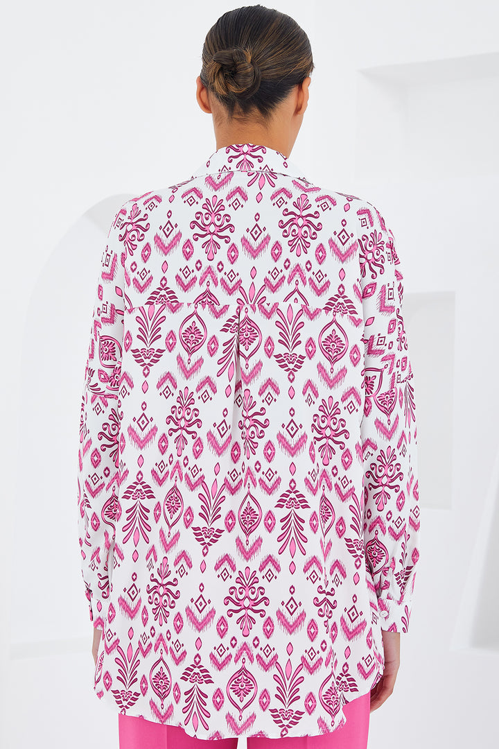 BGD Women Kadın Fuşya Beyaz Desenli Oversize Saten Gömlek 3985 - Kozáni