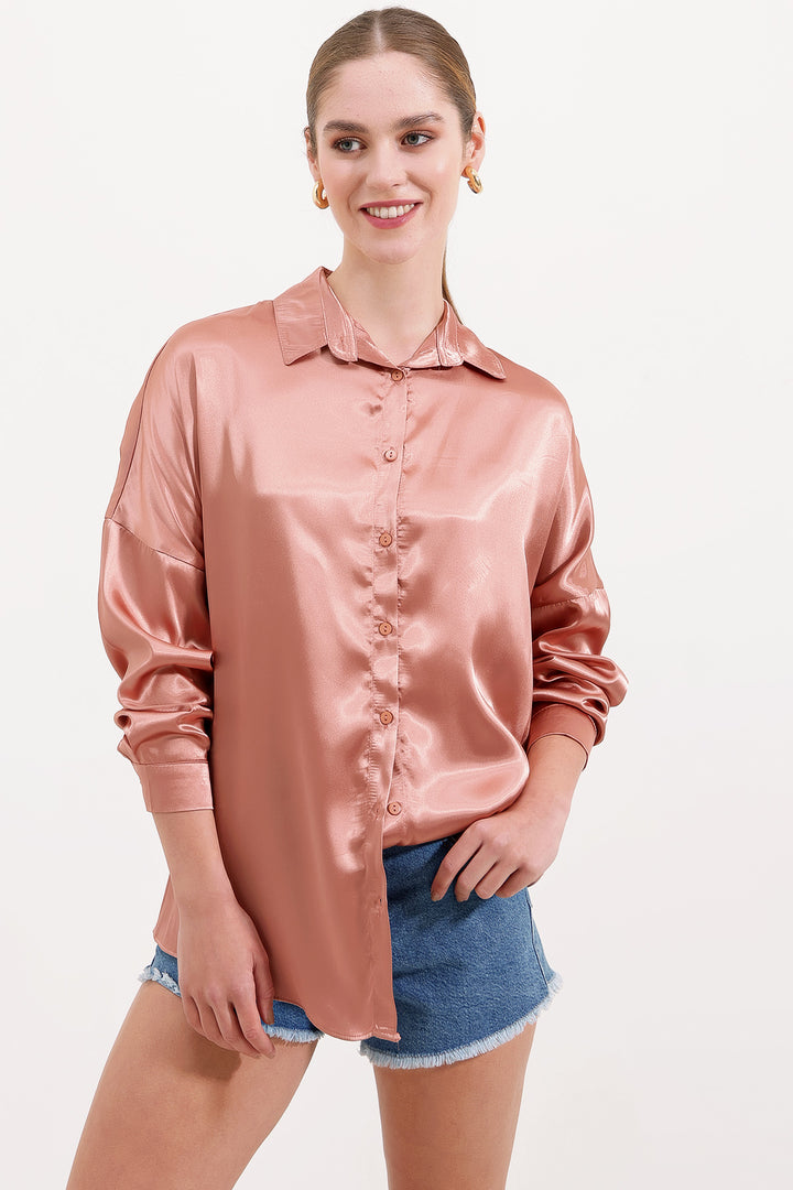 BGD Women Oversize Satin Shirt - Camel - Avondale