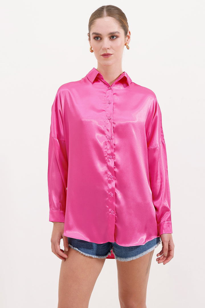 BGD Women Oversize Satin Shirt - Fuchsia - Avondale