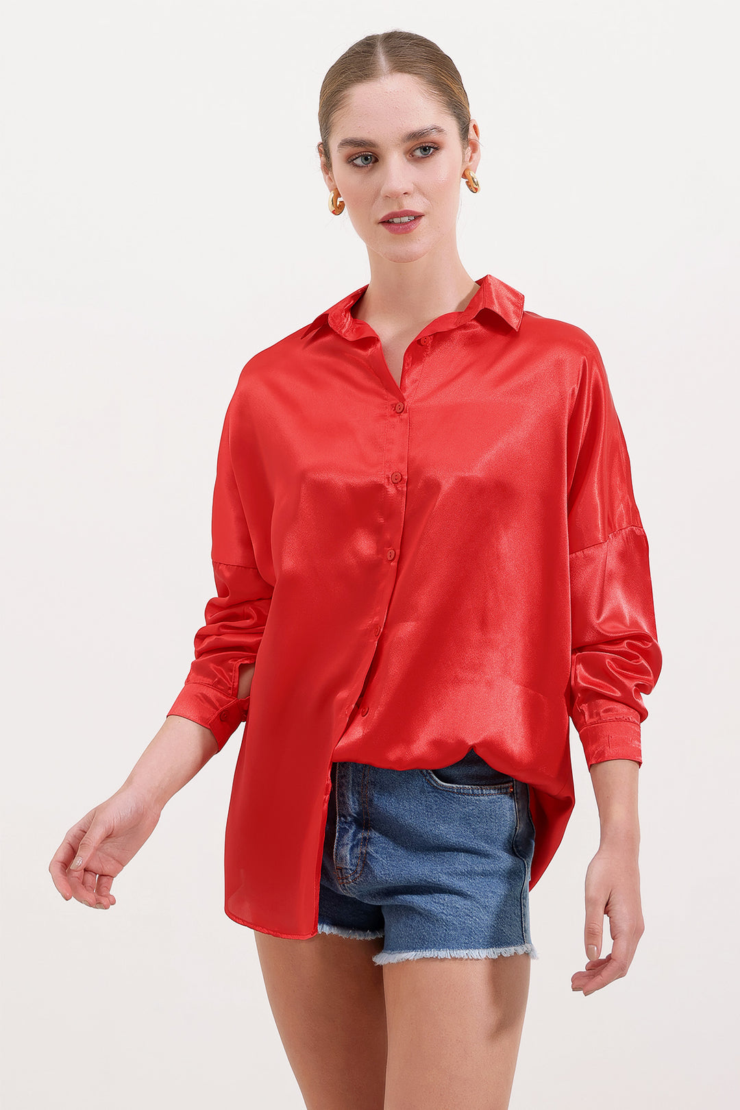 BGD Women Oversized Satin Shirt - Red - Avondale