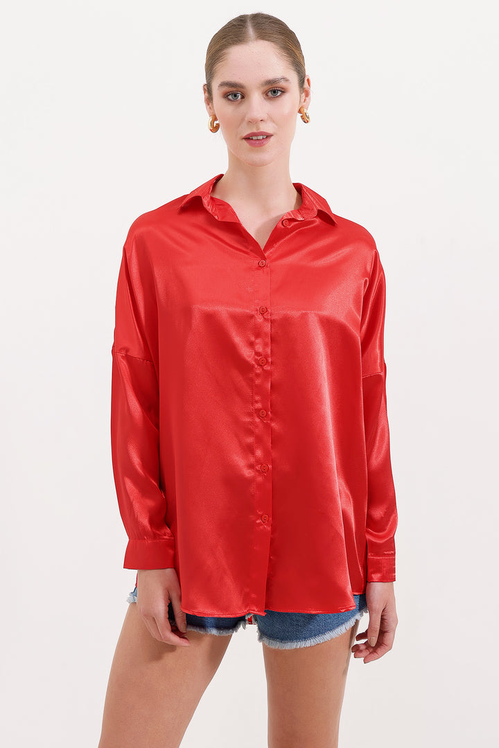 BGD Women Oversized Satin Shirt - Red - Avondale