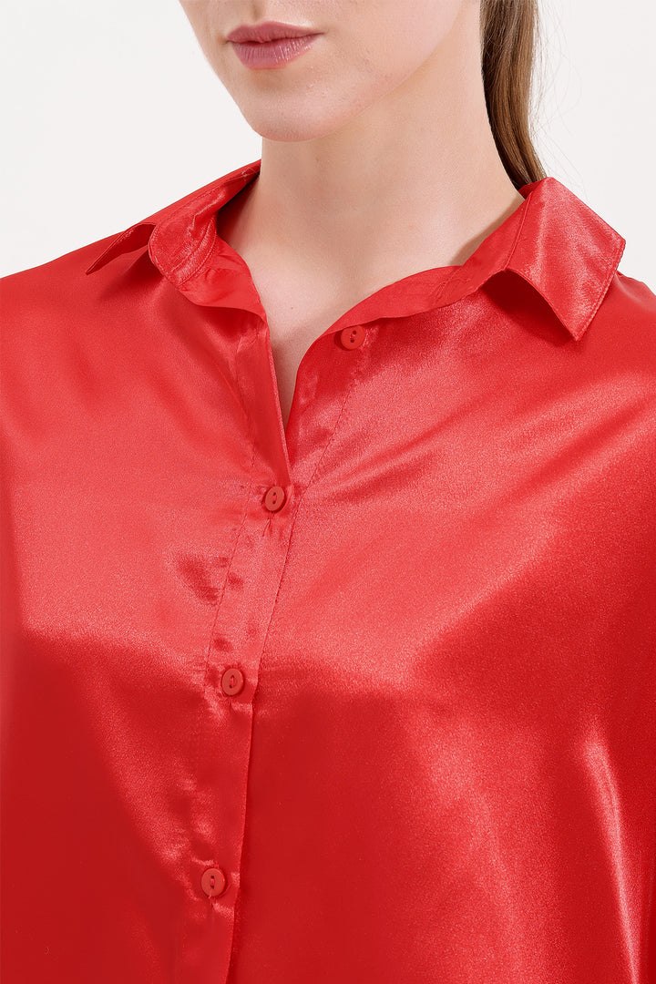 BGD Women Oversized Satin Shirt - Red - Avondale
