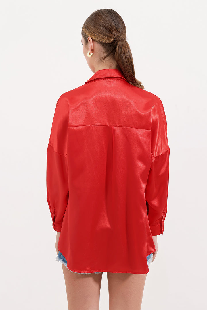 BGD Women Oversized Satin Shirt - Red - Avondale