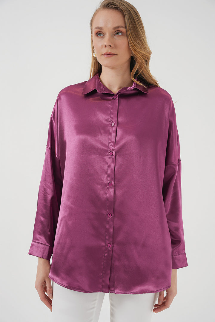 BGD Women Oversized Satin Shirt - Dark Lilac - Petaluma