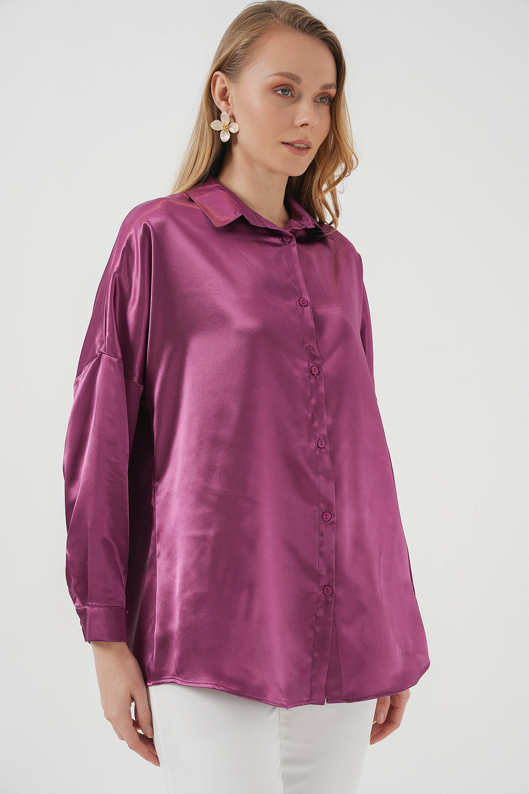 BGD Women Oversized Satin Shirt - Dark Lilac - Petaluma