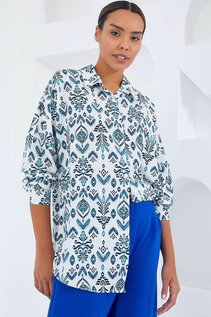 BGD Women Woman Mint White Patterned Oversized Satin Shirt 3985 - Sambir