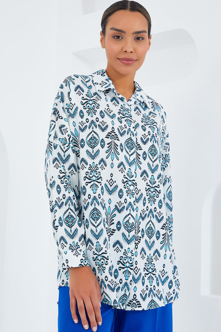 BGD Women Woman Mint White Patterned Oversized Satin Shirt 3985 - Sambir