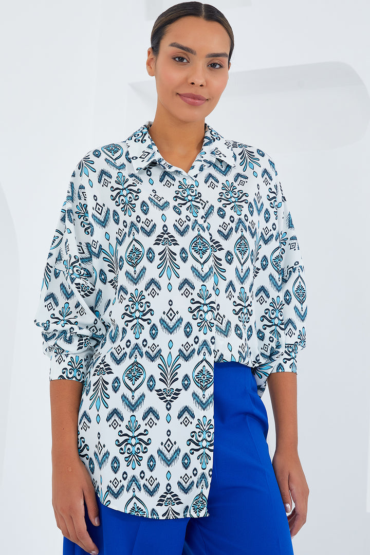 BGD Women Woman Mint White Patterned Oversized Satin Shirt 3985 - Sambir