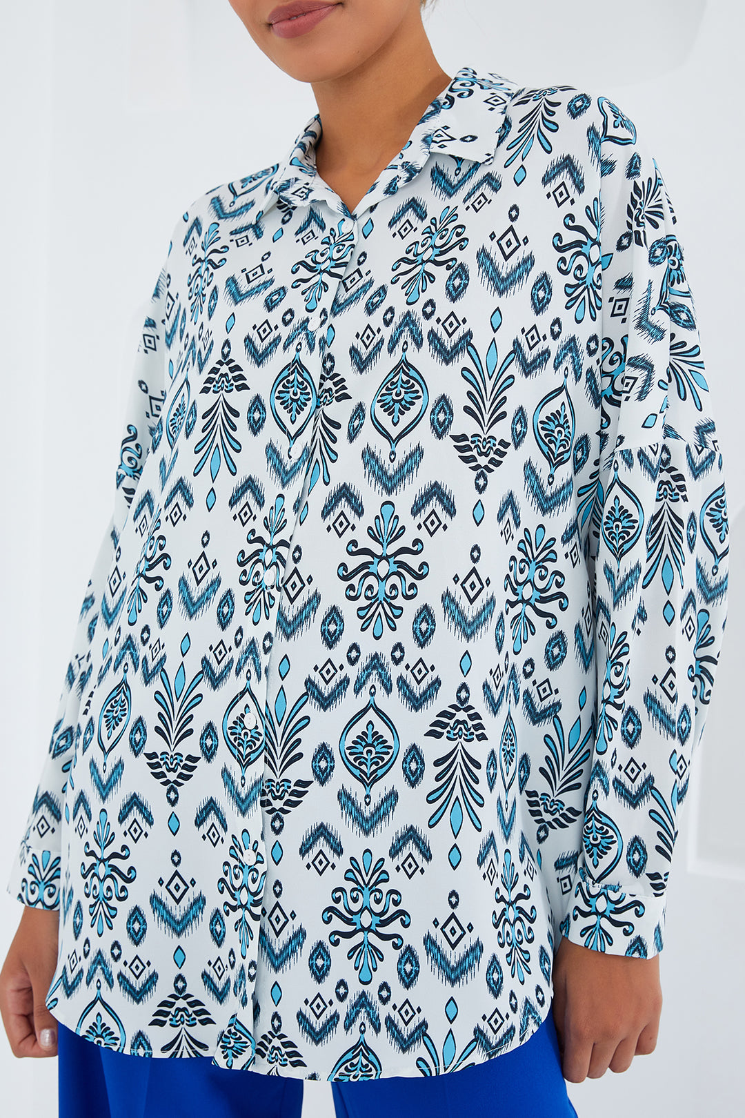 BGD Women Woman Mint White Patterned Oversized Satin Shirt 3985 - Sambir