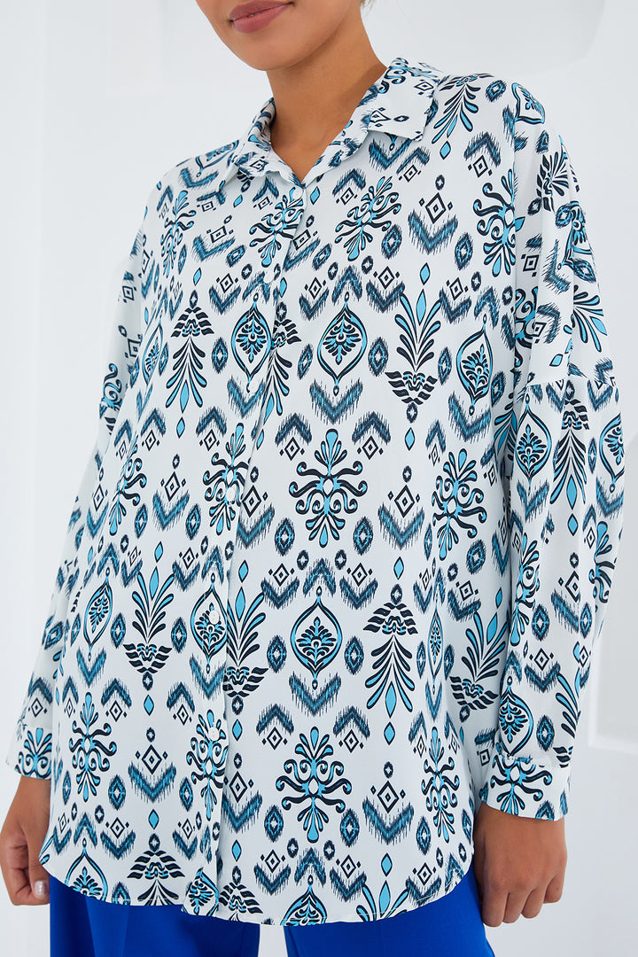 BGD Women Woman Mint White Patterned Oversized Satin Shirt 3985 - Sambir