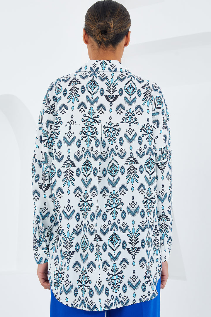 BGD Women Woman Mint White Patterned Oversized Satin Shirt 3985 - Sambir