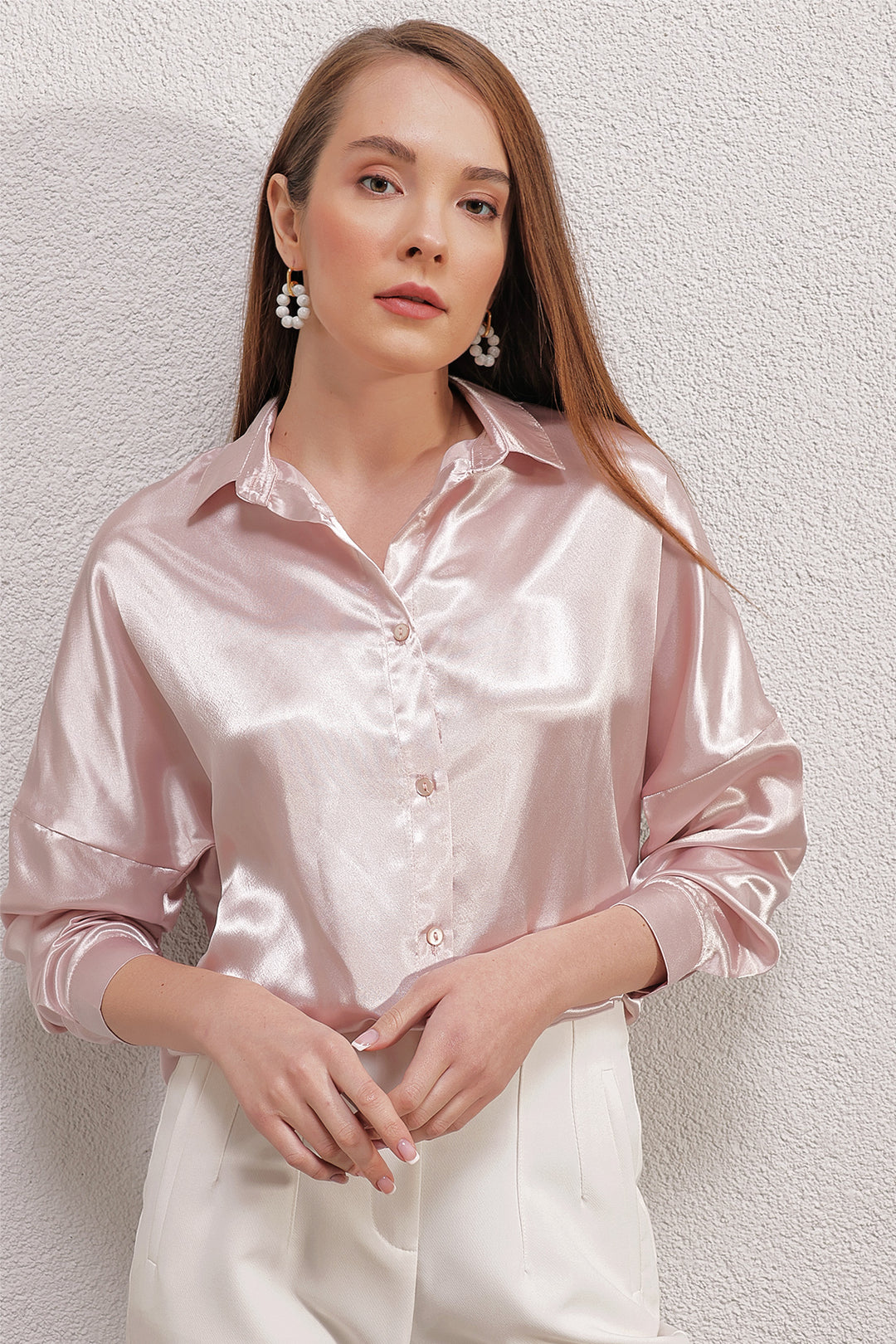 BGD Women Oversized Satin Shirt - Powder - Boston