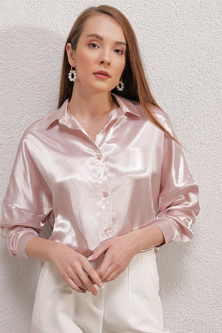 BGD Women Oversized Satin Shirt - Powder - Boston