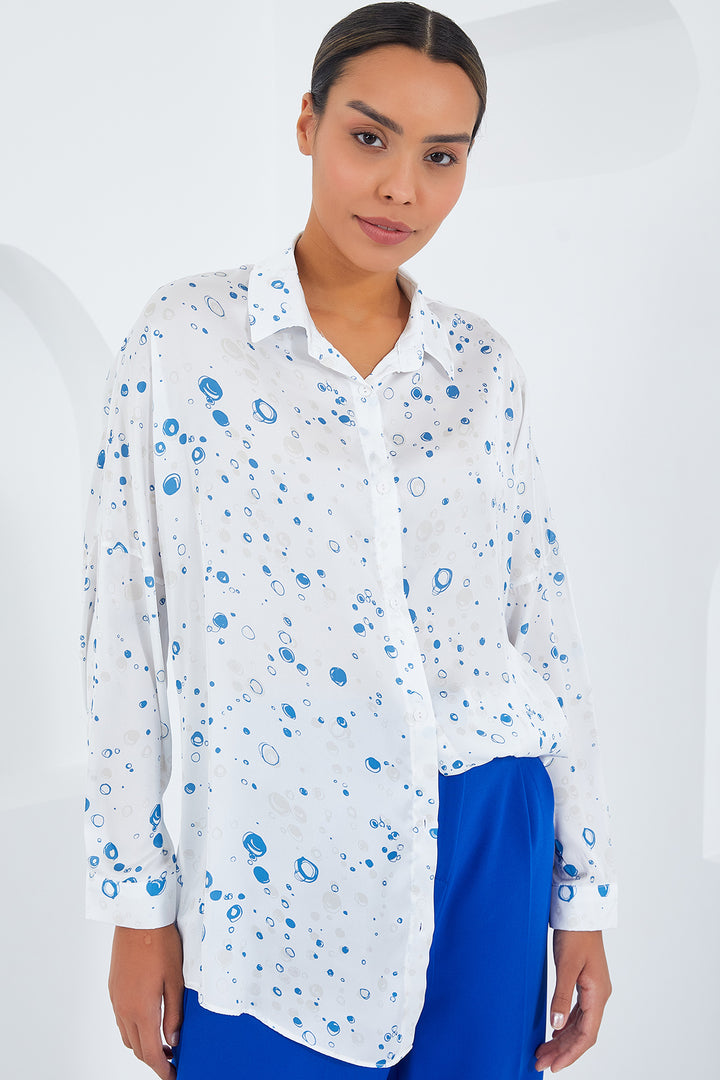 BGD Women Woman Blue White Patterned Oversized Satin Shirt 3985 - Siegburg