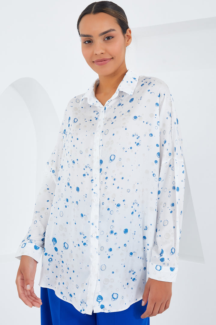 BGD Women Woman Blue White Patterned Oversized Satin Shirt 3985 - Siegburg