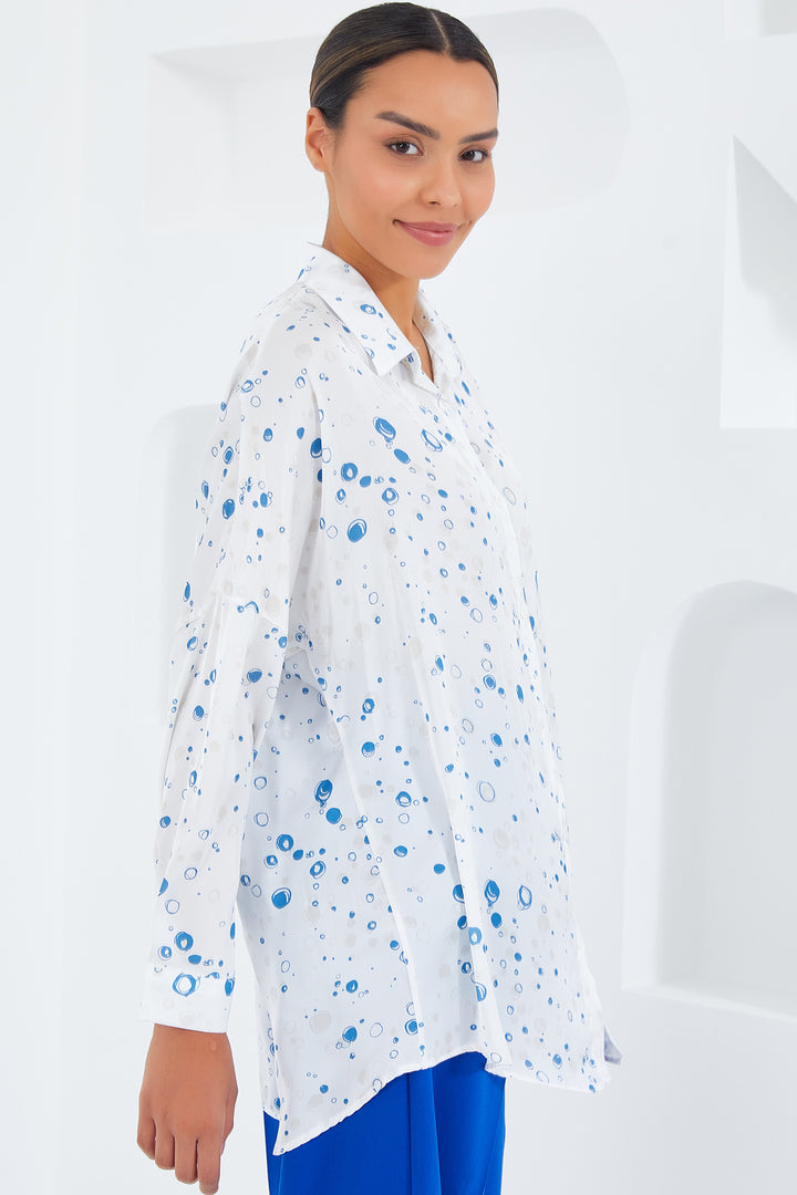 BGD Women Woman Blue White Patterned Oversized Satin Shirt 3985 - Siegburg