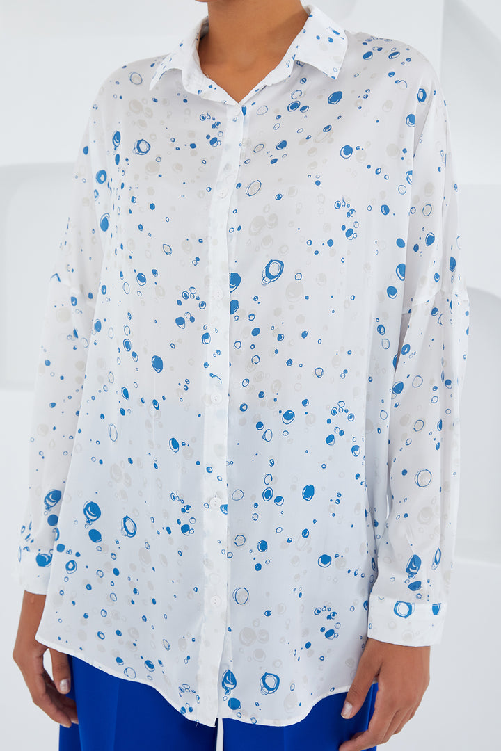 BGD Women Woman Blue White Patterned Oversized Satin Shirt 3985 - Siegburg