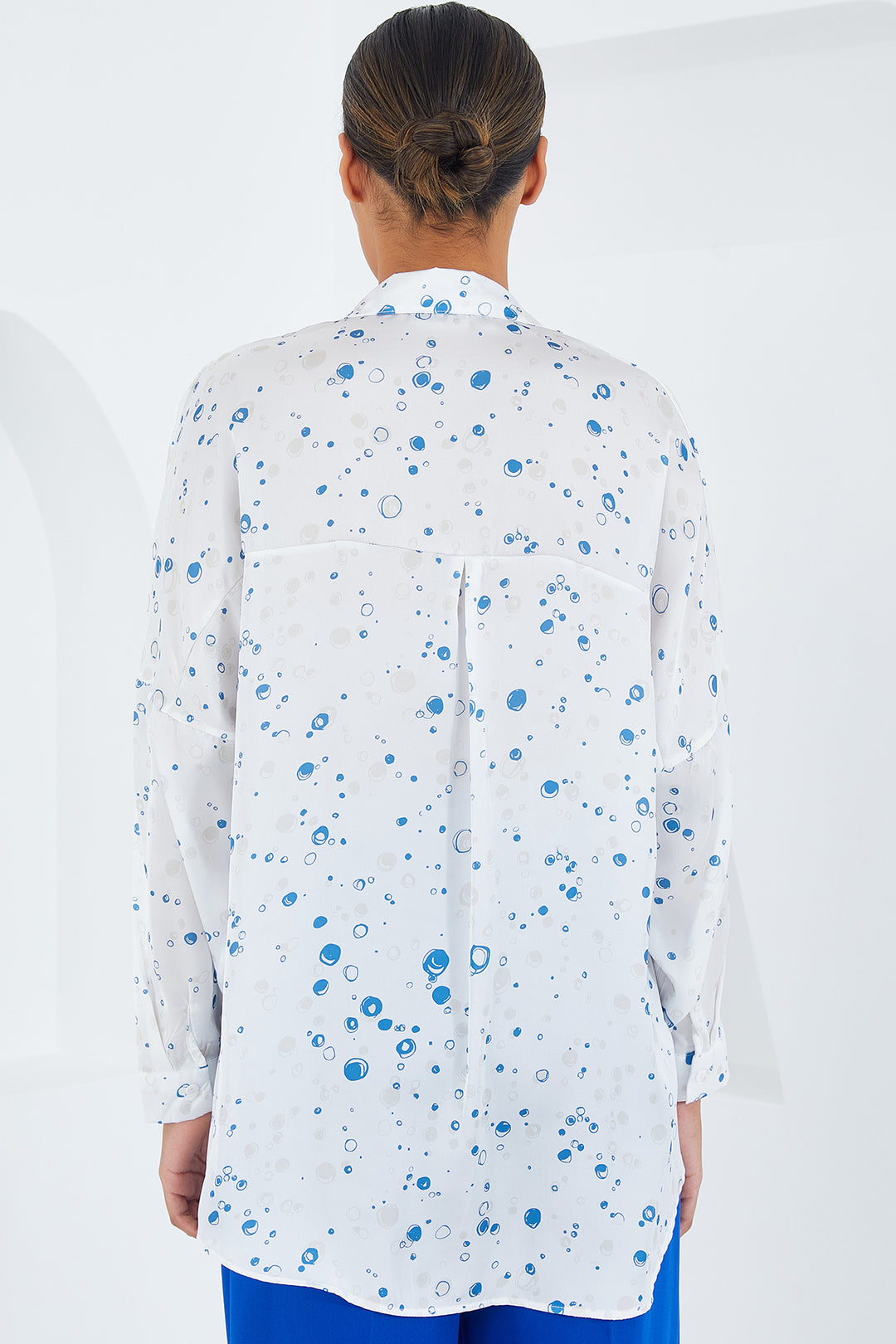 BGD Women Woman Blue White Patterned Oversized Satin Shirt 3985 - Siegburg