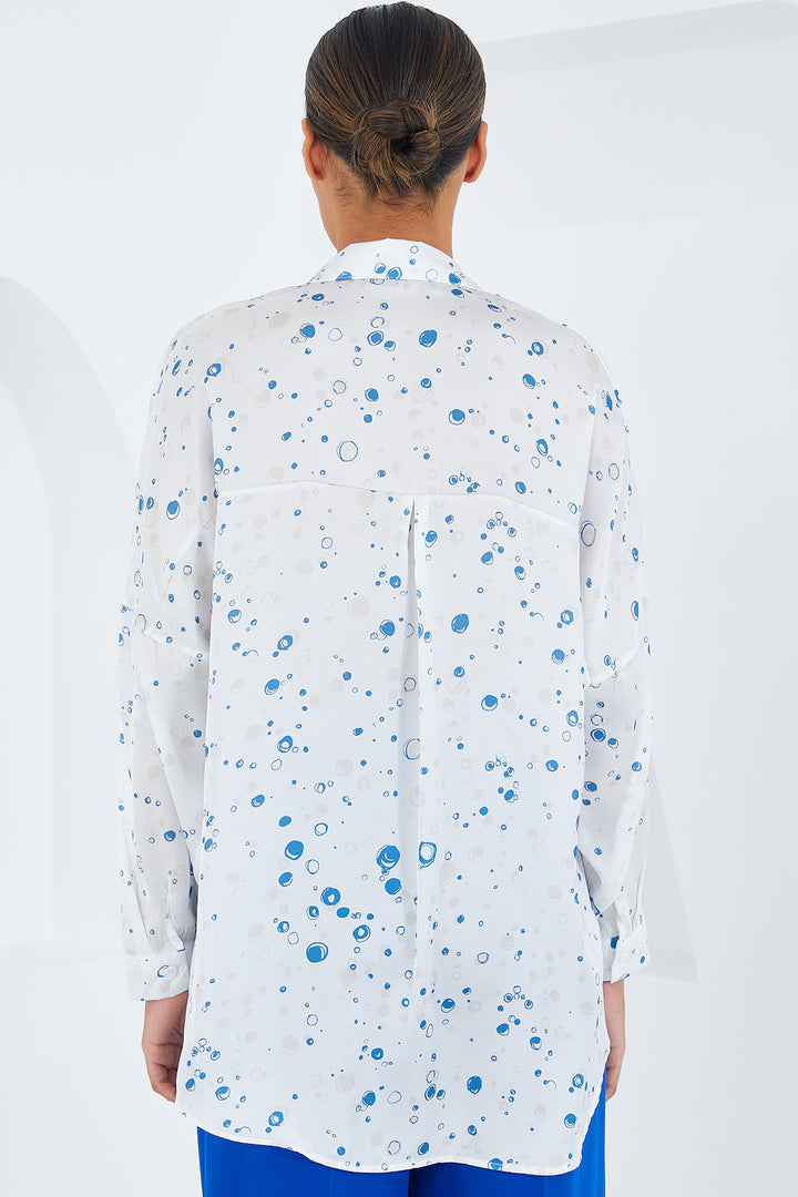 BGD Women Woman Blue White Patterned Oversized Satin Shirt 3985 - Siegburg