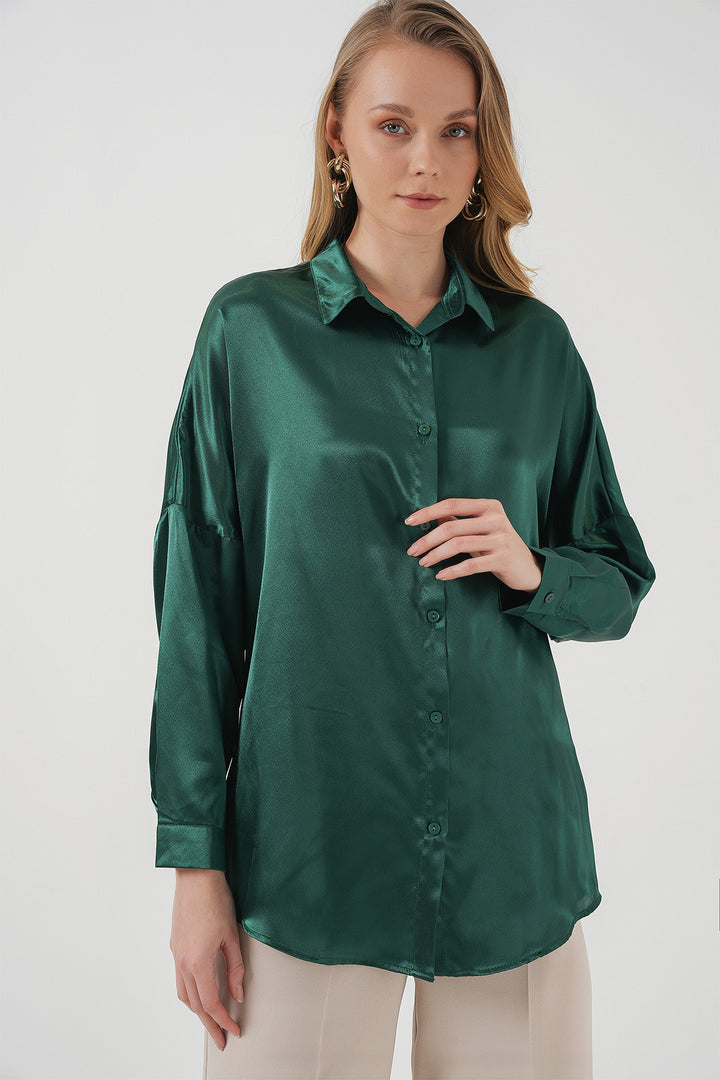 BGD Women Oversize Satin Shirt - Emerald Green - Kamen