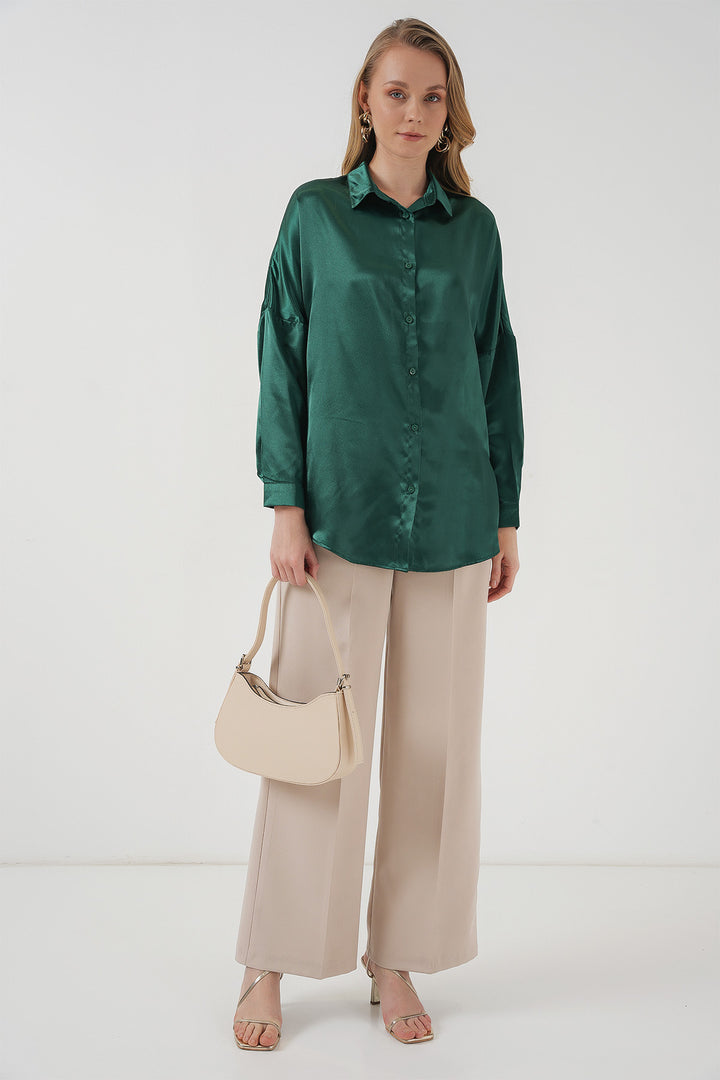 BGD Women Oversize Satin Shirt - Emerald Green - Kamen
