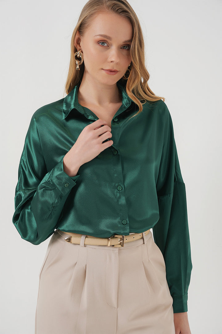 BGD Women Oversize Satin Shirt - Emerald Green - Kamen