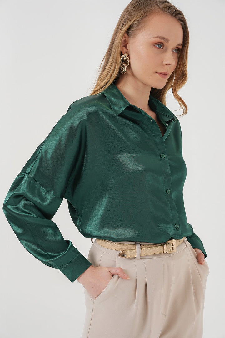 BGD Women Oversize Satin Shirt - Emerald Green - Kamen