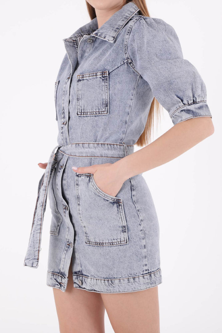 XLJ Balloon Arm Denim Dress with Denim Belt Mixed - Chemnitz