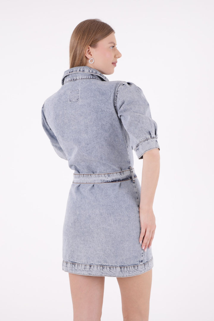 XLJ Balloon Arm Denim Dress with Denim Belt Mixed - Chemnitz