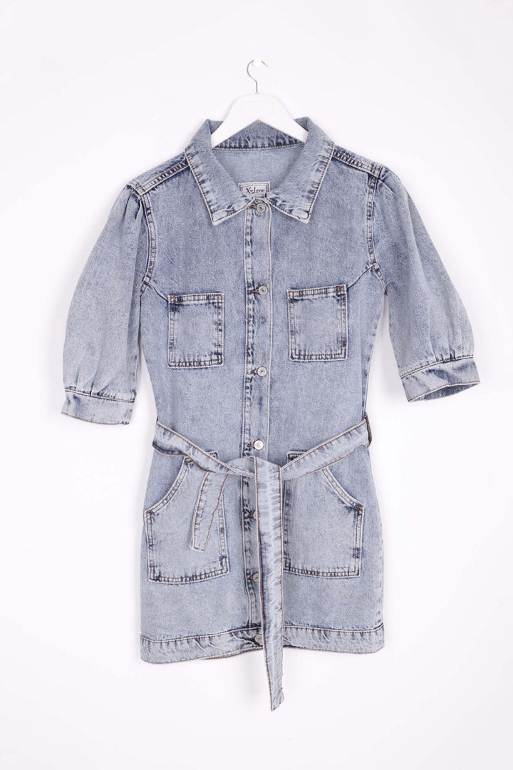 XLJ Balloon Arm Denim Dress with Denim Belt Mixed - Chemnitz