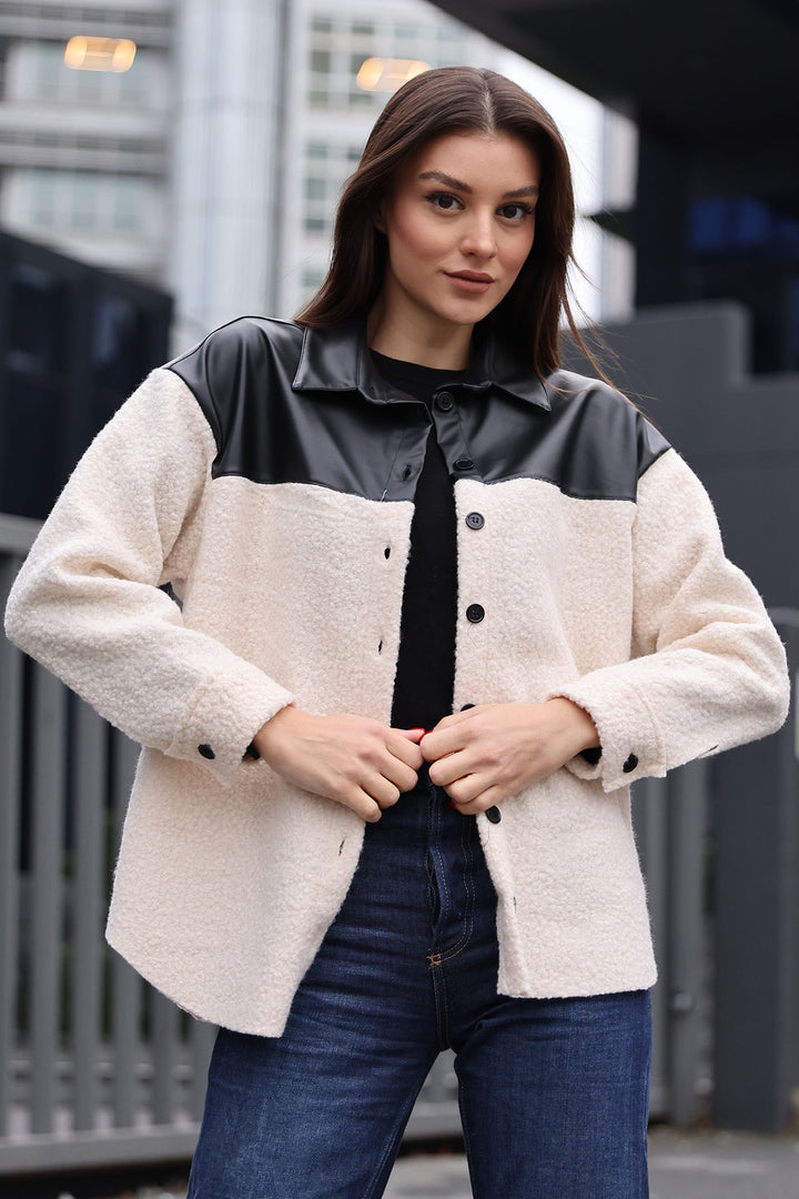 BGD Women Leather Detailed Buckled Oversized Shirt - Ecru - Avondale