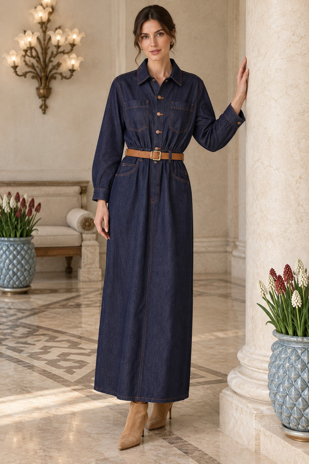 XLJ Belted Shirt Draped Denim Dress 3101 - Alexandria