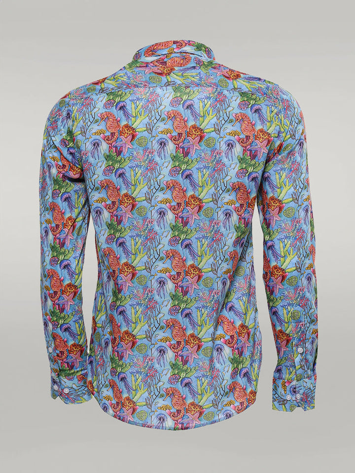 WSS Red Floral Patterned Slim-Fit Long Sleeves Navy Blue Shirt  - Singen