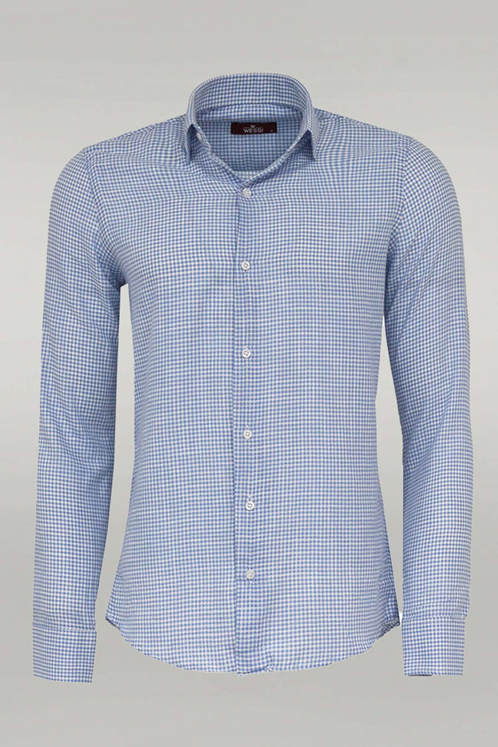 WSS Houndstooth Pattern Sky Blue Men Shirt  - Talence