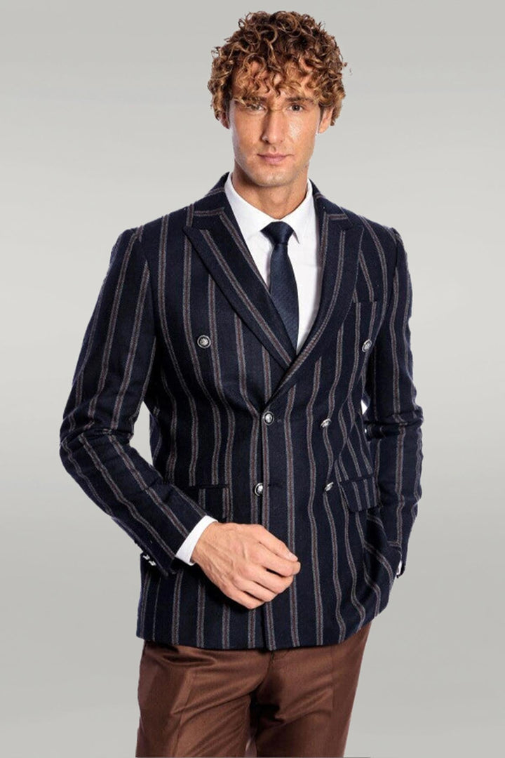 WSS Wide Lapel Striped Double Breasted Navy Blue Men Blazer  - Corsico