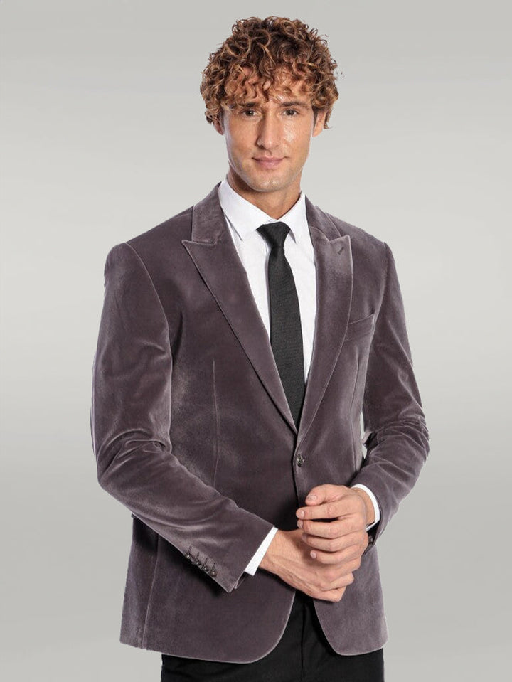 WSS Wide Peak Lapel Single Button Velvet Grey Men Blazer  - Singen