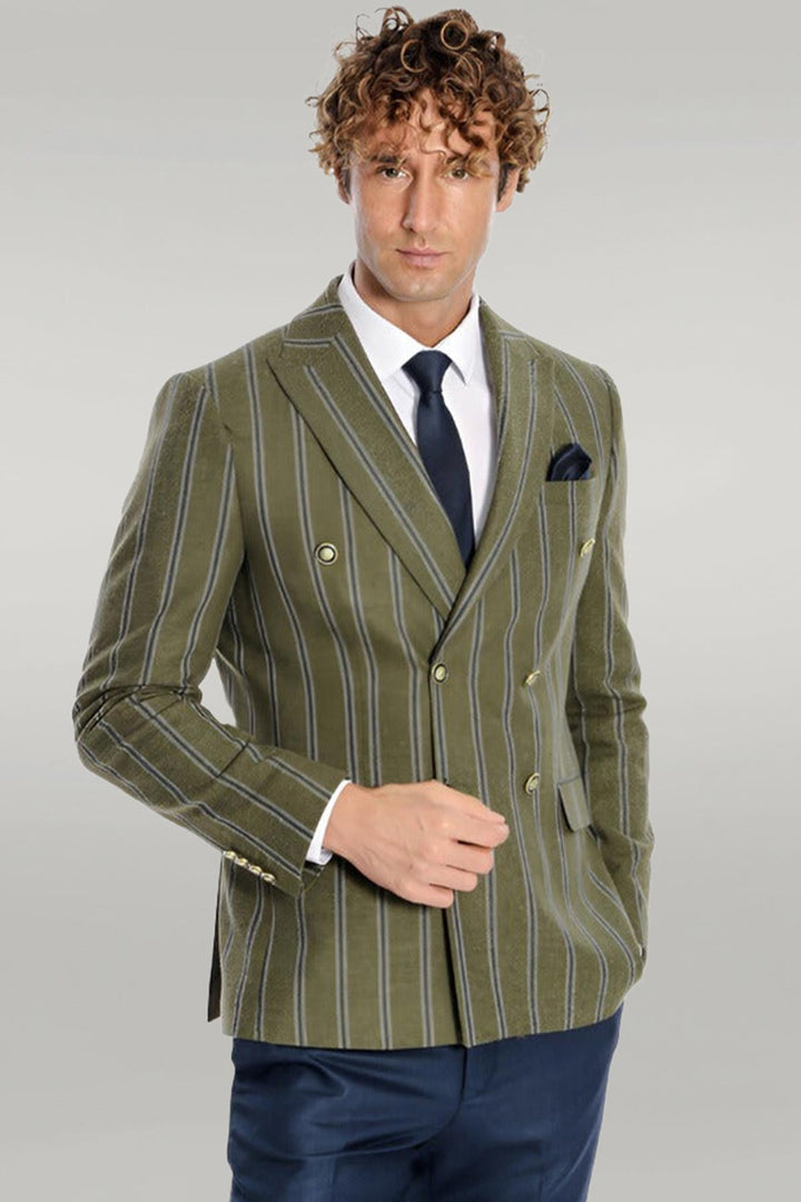 WSS Wide Lapel Striped Double Breasted Green Men Blazer  - Keighley