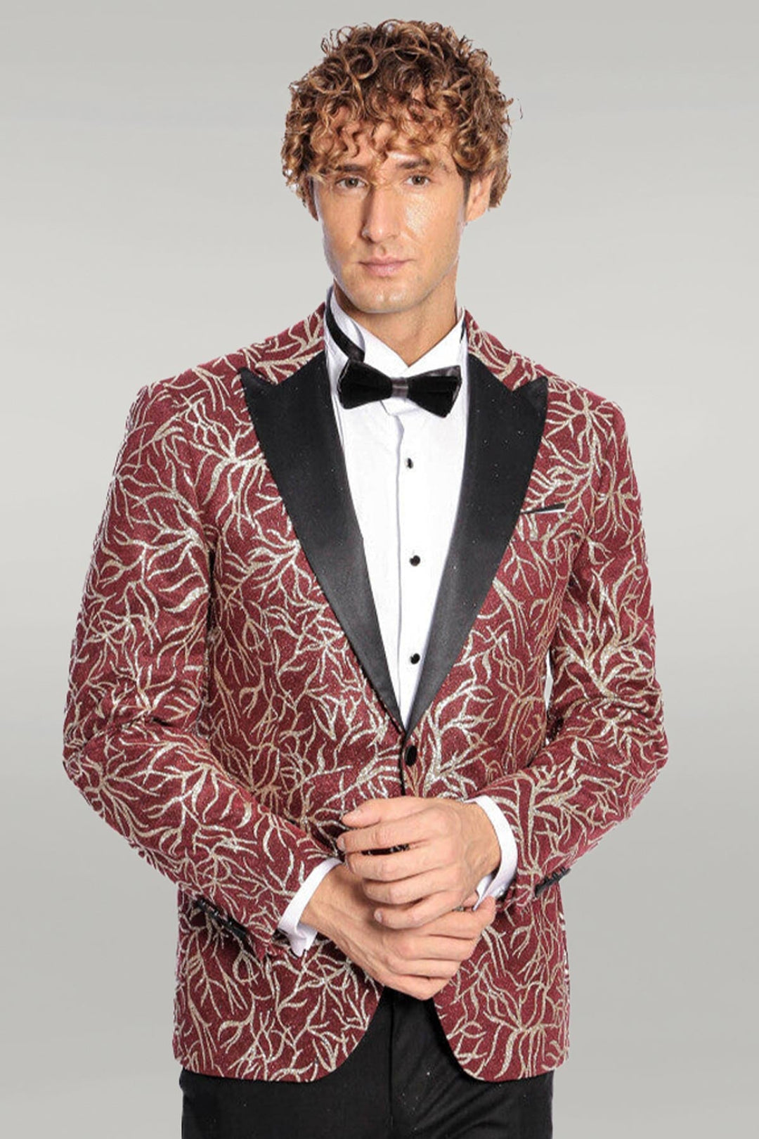 WSS Red Glitter Vine Pattern Peak Lapel Tuxedo Jacket with Black Pants - Statement Party Attire - Springdale
