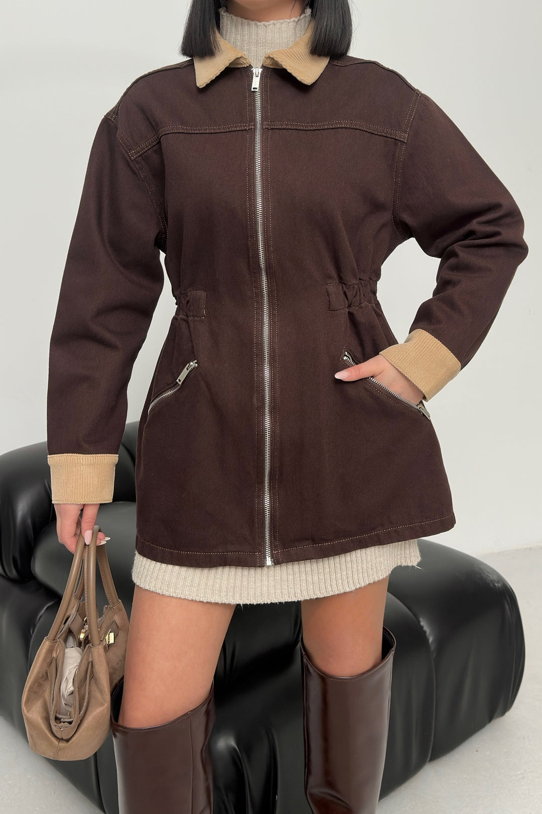 XLJ Velvet Piece Detailed Zippered Denim Jacket - Aurora