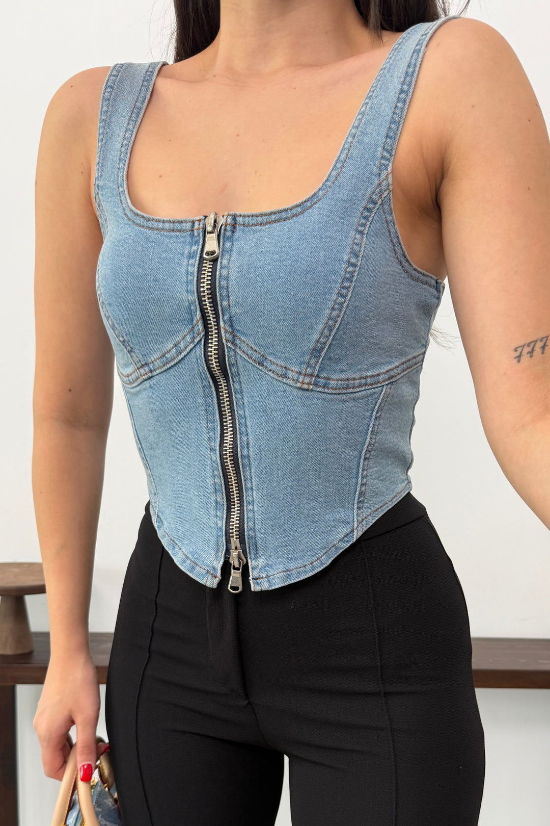 XLJ Denim Bustier with Front Zipper - Grapevine